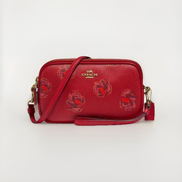 Coach Red Floral Mini Crossbody Bag / Wristlet, Minimalist Convertible - Picture 1 of 6